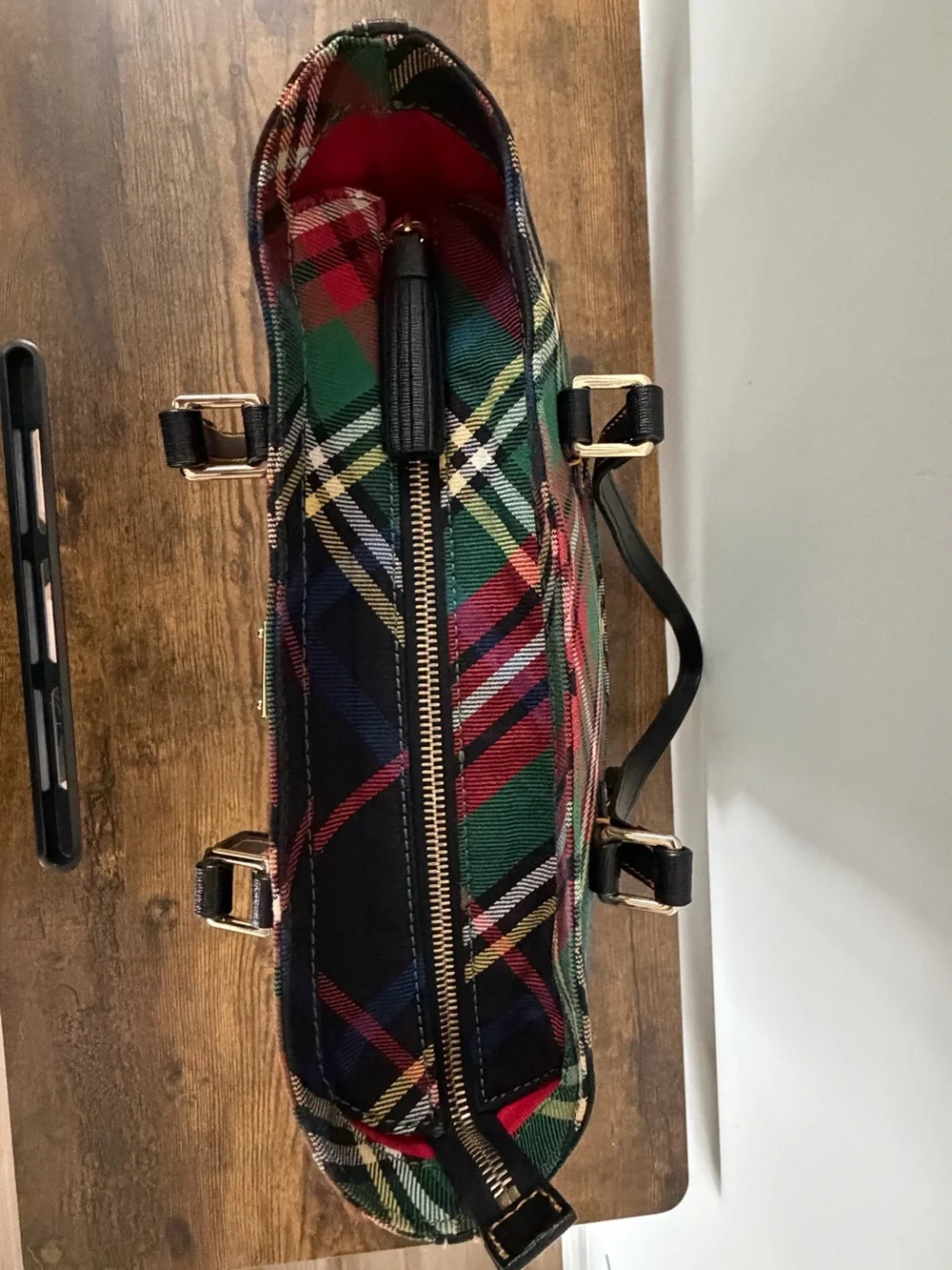 Dooney & Bourke Tartan Plaid Tote Multicolor Black Leather Trim
